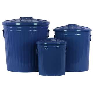 Coated Finish Navy Blue Metal Round Storage with Classic Garbage/ Lid and Side Handles Can Design (Set of 3)