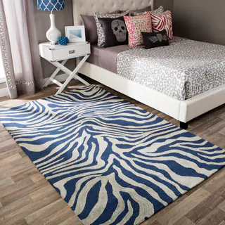 Andrew Charles Snow Leopard Collection Zebra Navy Area Rug (8' x 10')