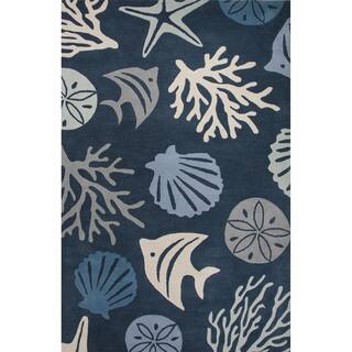 Contemporary Coastal Pattern Blue/Ivory Wool Area Rug (10' x 14')