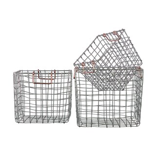 Silver Finish Metal Wire Square Nesting Baskets with Two Handles (Set of 3)