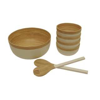 Wald Imports Natural and White Bamboo Salad Bowls with Serving Utensils (Set of 7)