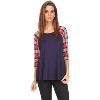 MOA Collection Women's Top with Plaid Sleeves