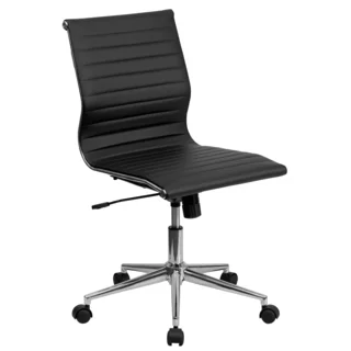 Sleek Armless Black Ribbed Leather Swivel Adjustable Office Chair