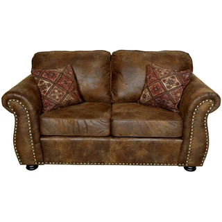 Porter Elk River Brown Faux Leather & Microfiber Loveseat with Woven Accent Pillows
