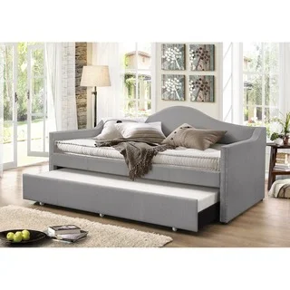 Baxton Studio Psykhe Modern Contemporary Beige or Grey Fabric Upholstered Arch Back Sofa Daybed with Roll-out Trundle Guest Bed