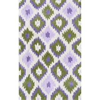 Hand-hooked Ikat/ White/ Green/ Lavender Rug (2'8 x 4'8)