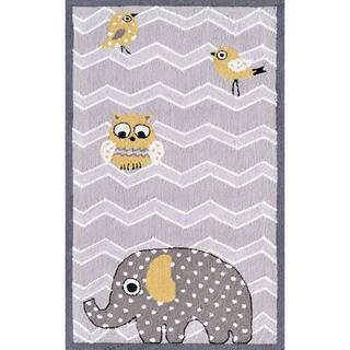 Hand-hooked Eleph and Bird Purple Polyester Rug (2'8 x 4'8)