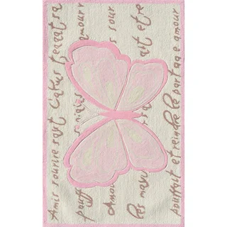 Hand-hooked French Butterfly Cream/ Pink/ Brown Rug (2'8 x 4'8)