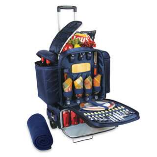 Picnic Time Excursion Navy with Burgundy Plaid Rolling Picnic Cooler