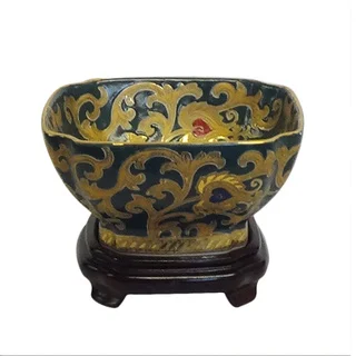 Green & Gold Square Porcelain Bowl w/ stand