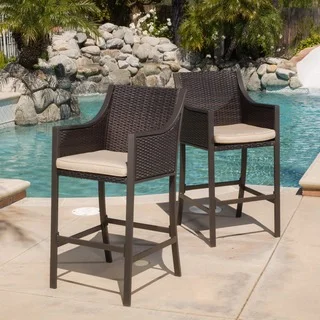 Riga Outdoor Wicker Barstool with Cushion (Set of 2) by Christopher Knight Home