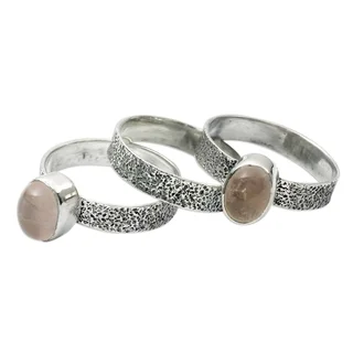 Set of 3 Sterling Silver 'Flame of Love' Rose Quartz Rings (India)