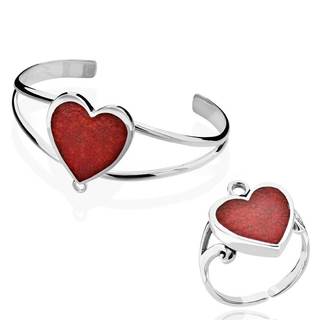 Sterling Silver Coral Heart Cuff Bracelet with Detachable Ring (China)