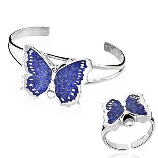 Sterling Silver Lapis Butterfly Cuff Bracelet with Detachable Ring (China)