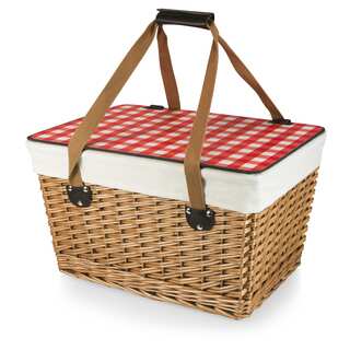 Picnic Time Canasta Grande Natural Willow and Red Checkered Flat Lid Basket