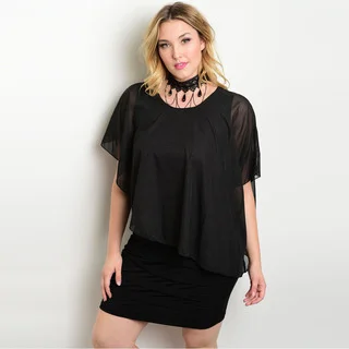 Shop the Trends Women's Plus Size Short Sleeve Combination Dress with Sheer Asymmetrical Bodice
