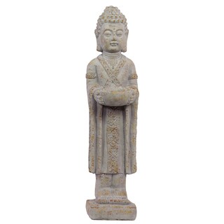 Cement Standing Buddha Figurine in Dhyana Mudra with a Bowl on a Platform Concrete Finish with Rust Accents Light Gray