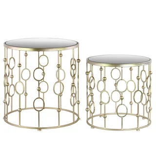 Metal Round Nesting Accent Table with Mirror Top Suspended Ring Design and Round Base Metallic Finish Champagne (Set of 2)