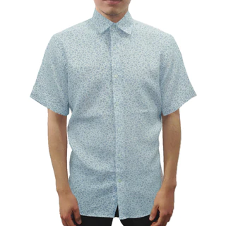 Men's Blue Floral Print Linen Short Sleeve Button Down Shirt