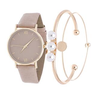 Fortune NYC Arm Candy Ladie's Fashion Gold Case / Beige Leather Strap Watch with a Set of 2 Bracelets