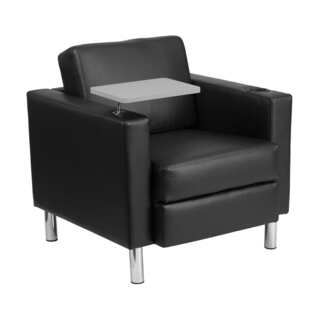 Offex Black Leather Adjustable Guest Chair with Tablet Arm/ Tall Chrome Legs and Cup Holder