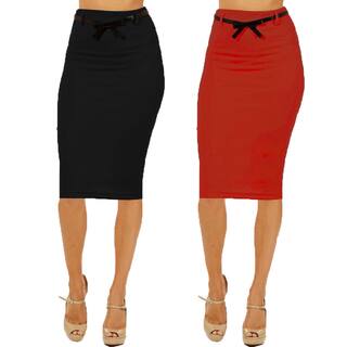 Women's High Waist Below Knee Black/ Red Pencil Skirts (Pack of 2)