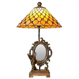 23 Inch High Tiffany Style Stained Glass Cherub Mirror Table Lamp