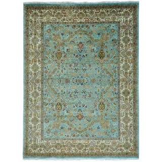 Pure Wool Sky Blue Tabriz Revival Hand Knotted Rug (9' x 11'10)