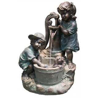 33-inch Two Bronze Kids Giving a Bath to Their Dog Fountain