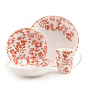 4 Piece Place Setting with Florence Broadhurst's The Cranes Design in Coral