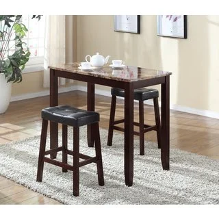 3 Piece Counter Height Table and Saddleback Stools with Faux Marble Top