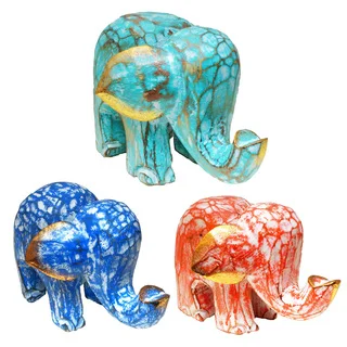 Colorful Elephant Albesia Wood Statue with Crackle Wash (Indonesia)
