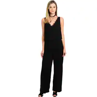 Shop the Trends Women's Sleeveless Scalloped Trim V-Neckline Woven Jumpsuit With Flounce Bodice
