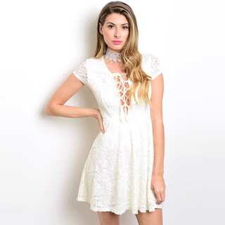 Shop the Trends Women's Cap Sleeve Fit And Flare Lace Dress With Plunging Lace Up Neckline