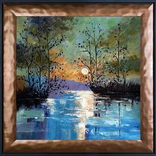 Justyna Kopania 'River, with Glowing Moon' Hand Painted Framed Canvas Art