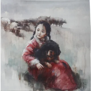 Wall Art with Young Girl and Dog Cuddling