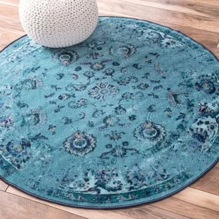 nuLOOM Traditional Vintage Inspired Overdyed Floral Turquoise Rug (5' Round)