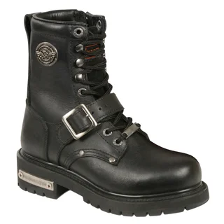 Women's Black Leather Buckle and Lace-up Side-zipper Motorcycle Boots