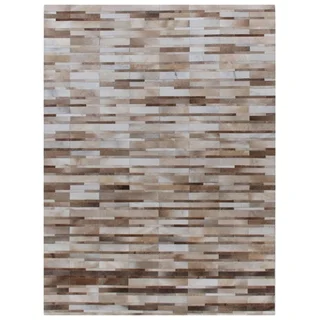 Stitched Blocks Beige Leather Hair-on-hide Rug (5' x 8')