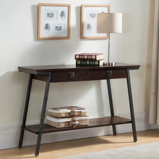 Contemporary Walnut Finish Brown Side Table with Bronzed Steel Legs Two Extendable Drawers and Lower Storage Shelf