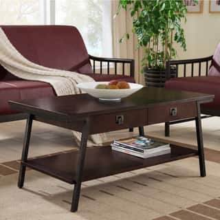 Brown Walnut Finish Two Drawer Coffee Table with Lower Shelf and Textured Bronze Legs