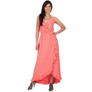 Koh Koh Women's Polyester/Spandex Slimming Sleeveless Summer Ruffled V-Neck Wrap Maxi Dress