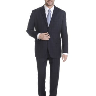 Daniel Hechter Men's Navy Windowpain Plaid Modern Fit Wool Suit