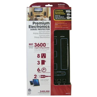 Prime PB523118 8-Outlet 3600J Black Multimedia Surge Protector