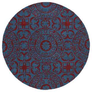 Runway Peacock Blue/Red Suzani Hand-Tufted Wool Rug (11'9 Round)