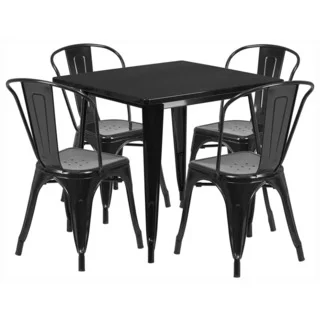 Offex 31.5 inch Home Indoor Metal Square Cafe Table Set With 4 Stack Chairs