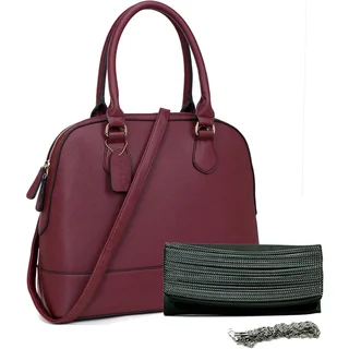 Dasein Saffiano Faux Leather Dome Zip-Around Handbag & Chain Flap Clutch Purse