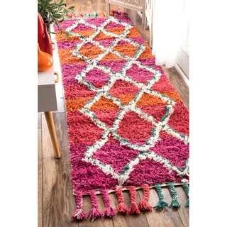 nuLOOM Hand-knotted Moroccan Trellis Multi Shag Wool Runner Rug (2'6 x 8')