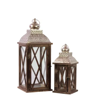 Rustic & Charming Wooden Lantern (Set Of 2) With Metallic Roof In Brown