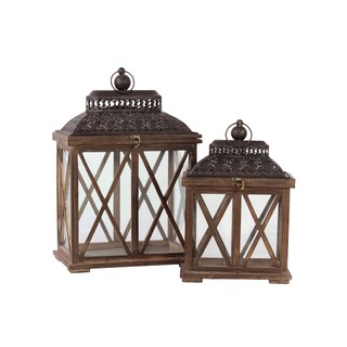 Classic & Traditional Wooden Lantern (Set Of 2) In Rustic Antique Finish With Crossed